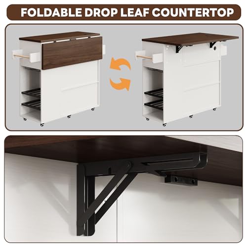 LIKIMIO 51" Mobile Kitchen Island with Drop Leaf & Power Outlet, Kitchen Rolling Island with Storage Cabinets & Drawers, Kitchen Island Cart with Glass Holder & Wine Rack for Dining Room, White