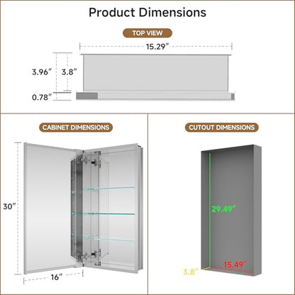 16" x 30" Bathroom Medicine Cabinet with Mirror, Recessed or Wall Mount | Medicine Cabinets with Adjustable Glass Shelves, Soft-Closed Hinge, Chrome Aluminum Frame, Reverse Installation - size: 16" x 30"