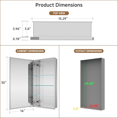 16" x 30" Bathroom Medicine Cabinet with Mirror, Recessed or Wall Mount | Medicine Cabinets with Adjustable Glass Shelves, Soft-Closed Hinge, Chrome Aluminum Frame, Reverse Installation - size: 16" x 30"