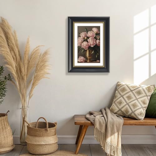 Gatheroad Black Framed Vintage Canvas Wall Art Prints, Peony Floral Wall Art, Retro Rustic Aesthetic Gold Vase Bathroom Decor, Classic Home Accent for Living Room Bedroom Office, 12x16in - color: Pink Peony Floral, size: 12X16inch