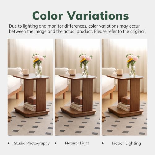 100% Solid Wood C-Shaped End Table for Couch, Rolling Side Table with Wheels, C Table for Small Space, Living Room, Bedroom, Walnut Finish, 19.69" H - color: Walnut-19.69"h