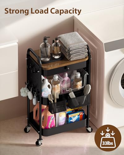 ALVOROG 3 Tier Metal Rolling Cart with Drawer,Wood Top,Pegboards,Black | Storage Utility Cart with Drawers,Pegboards,Lockable Wheels,Baskets,Hooks for Kitchen,Office,Bedroom,DIY Supplies - color: Black