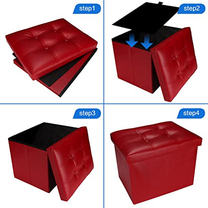 Bsketa Storage Ottoman, Folding Foot Stool with Thicker Foam Padded Seat Small Leather Storage Ottoman Bench Foot Rest for Living Room Foldable Coffee Table 17x13x13in,Red | Ottoman with Storage, Thicker Foam Padded Seat, Living Room, Dorm, Bedroom, Load