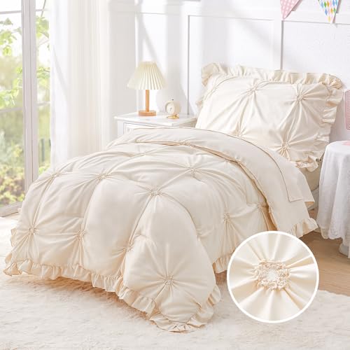 Princess Toddler Bedding Set for Girls, 4 Piece Ruffles Jacquard Embroidery Toddler Bed Sheets with Boho Toddler Comforter, Fitted Sheet, Flat Sheet and Pillowcase, Beige - color: Beige, size: Toddler