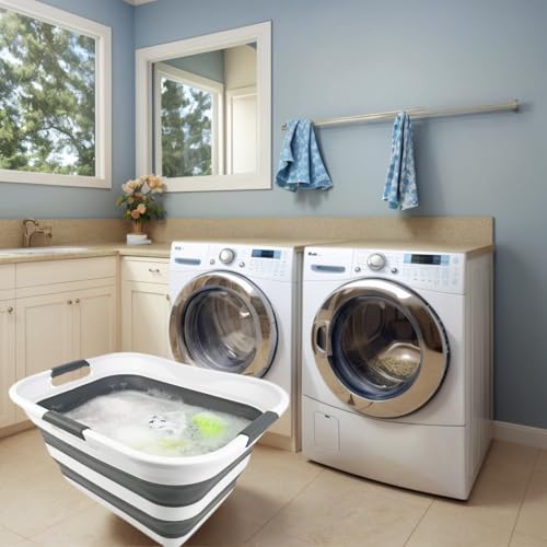 SAMMART Collapsible Plastic Laundry Basket Washing Tub Foldable Pop Up Storage Container-Space Saving/Portable Laundry Hamper. Ideal for Home, Travel, Dorm, and Camping (White/Steel Grey, 30L) - color: White/Steel Grey, size: 30L