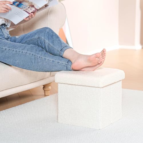 B FSOBEIIALEO Small Storage Ottoman Cube Sherpa Ottomans Foot Rest, Foldable Boucle Ottoman, Faux Teddy Fur, Cream White 12.6"x12.6"x12.6" - color: White, size: 12.6"D x 12.6"W x 12.6"H