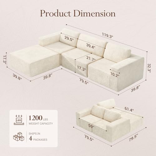 Vesgantti 119" L-Shaped Modular Sectional Sofa, Corduroy Cloud Couch with Deep Seating & Spring Support, Flexible Layout Sofa with Ottoman, Boneless Style, No Assembly Required, Beige - color: 119" - 3 Seater & Ottoman Beige
