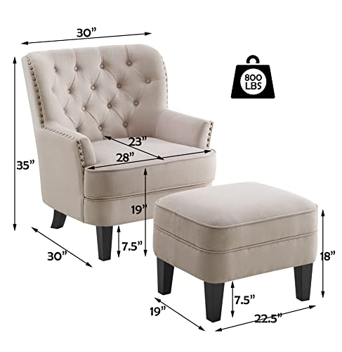 Rosevera Accent Chair and Ottoman Set - Button Tufted Armchair for Living Room, Bedroom, Reading - Mid-Century Modern Lounge Chair Set - Beige - color: Velvet Light Beige With Ottoman