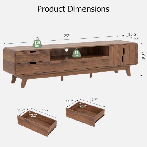 EAG 75" TV Stand, Mid Century Modern TV Stand for 85 Inch TV, Entertainment Center with Storage Cabinet & 4 Drawers, Media and TV Console for Living Room, Bedroom, Walnut - color: Walnut, size: 75"
