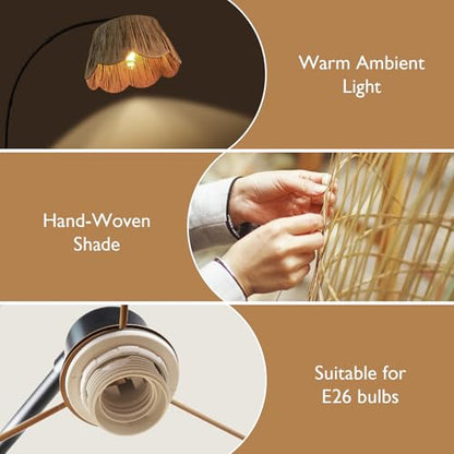 Boho Rattan Floor Lamps for Living Room,Arc Floor Lamp with Hand Woven Shade,70'' Tall Lamp with Black Metal Stand,Foot Switch,Farmhouse Standing Lamp for Bedroom,Over Couch Reading Light,Nursery