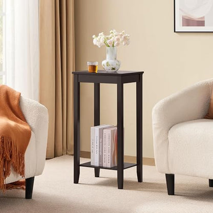 Topeakmart Tall Narrow Side Table, 2-Tier Espresso Nightstand with Storage | Sturdy MDF and Pinewood End Table, Extra Tall and Slim for a Small Bedroom or Living Room, With Shelf and Easy Assembly