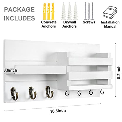 Lwenki Mail Organizer for Wall Mount – Key Holder with Shelf Includes Letter Holder and Hooks for Coats, Dog Leashes – Rustic Wood with Flush Mounting Hardware (16.5” x 8.7” x 3.5”) - color: White