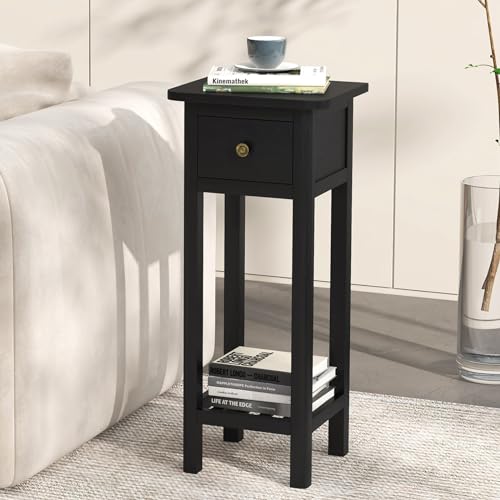 Narrow Side Table, Tall Nightstand with Drawer and Shelf, Small Bedside Tale for Small Space, Living Room End Tables, No Assembly (1, Black) - color: Black