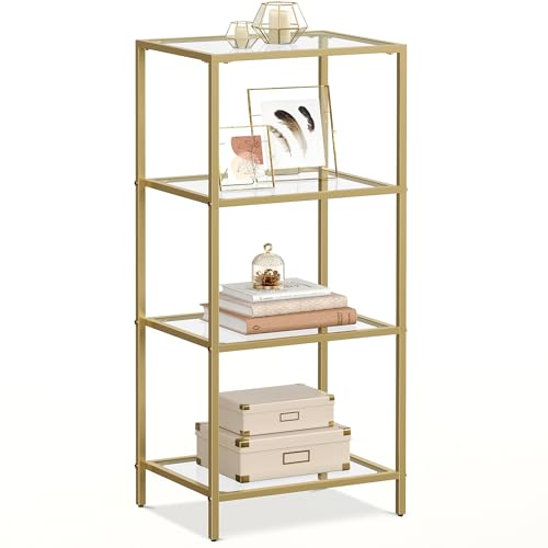 VASAGLE Bookcase, 4-Tier Bookshelf, Slim Shelving Unit for Bedroom, Bathroom, Home Office, Tempered Glass, Steel Frame, Metallic Gold ULGT28G - color: Metallic Gold, size: 4 Tiers (15.7"W x 37.4"H)