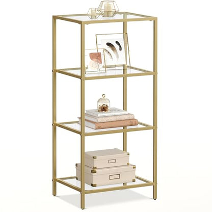 VASAGLE Bookcase, 4-Tier Bookshelf, Slim Shelving Unit for Bedroom, Bathroom, Home Office, Tempered Glass, Steel Frame, Metallic Gold ULGT28G - color: Metallic Gold, size: 4 Tiers (15.7"W x 37.4"H)