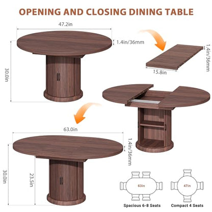 Jocoevol 47″–63″ Extendable Round Dining Table for 4–8 with Dust-Proof 2-Tier Storage Shelf Space Saving Expandable Wood Oval Circle Dinner Furniture with Pedestal Base (Brown) - color: Brown