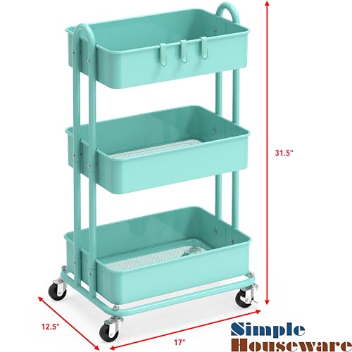 Simple Houseware 3-Tier Heavy Duty Metal Utility Rolling Cart, Turquoise - color: Turquoise