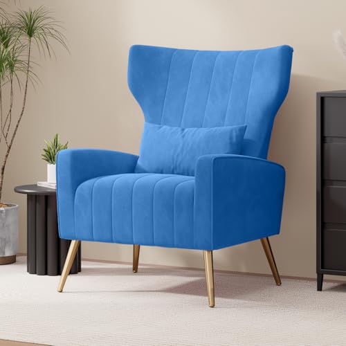 Nebuaegis Velvet Accent Chair Wingback for Living Room, High Back Arm Chair with Golden Legs Lumbar Pillow, Upholstered Single Sofa Bedroom Blue - color: Blue, size: Set of 1