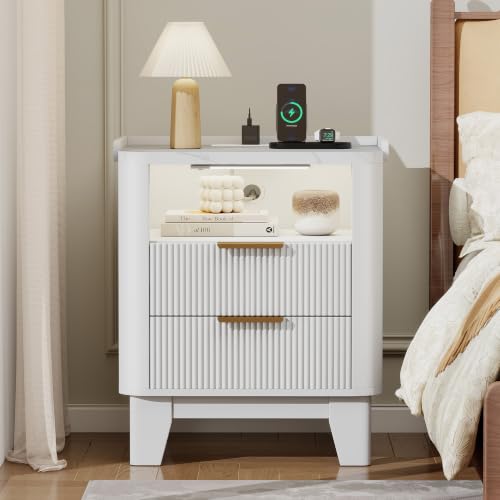 Baoz White Fluted Nightstand with Charging Station & 2 Drawers for Bedroom | 20" Wide Mid Century Modern Bedside Table Wood Faux Marble Top Curved Profile Design 27in Tall LED Night Stand - color: White, size: 2 Drawers