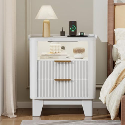 Baoz White Fluted Nightstand with Charging Station & 2 Drawers for Bedroom | 20" Wide Mid Century Modern Bedside Table Wood Faux Marble Top Curved Profile Design 27in Tall LED Night Stand - color: White, size: 2 Drawers