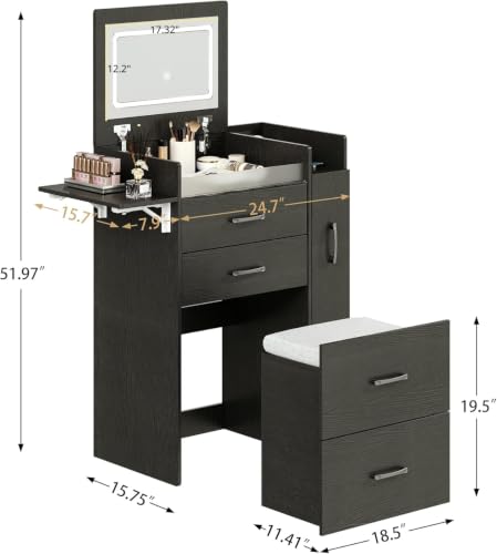 Herture 3 in 1 Vanity Desk with Flip Top Mirror, Comapct Vanity | Small Vanity with Lights,Outlets,Side Cabinet,Collapsible Desk Panel,Storage Hidden Stool,Makeup Vanity Table Black PT01DTB - color: Black