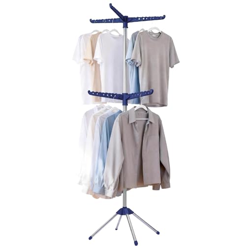 Beaudaily Clothes Drying Rack, Foldable 74.8-Inch Laundry Drying Rack, Indoor 2 Tier Drying Rack Clothing with Rotatable Arms, Stainless Steel, Holds 54 Pieces, Space Saving, Blue and Silver - color: Blue + Silver, size: 2-Tier