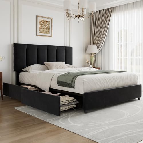 VECELO Queen Size Bed Frame with 4 Storage Drawers, Adjustable Height Headboard, Heavy-Duty Platform Bedframe with Strong Wooden Slats, No Box Spring Needed, Black - color: Black, size: Queen, style: Bed Frame With Drawers