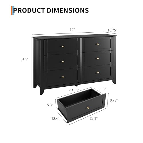GarveeHome Black 6 Drawer Dresser for Bedroom | Simply Modern Chest of Drawers, Wood Storage Double Dresser with Deep Drawers for Living Room, Hallway Entryway - color: Black, size: 15.8"D x 54"W x 31.5"H (6 Drawers)