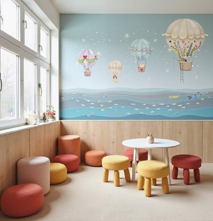 ASJ Kids Nursery Peel and Stick Wallpaper Mural, Hot Air Balloon Bear Blue | Seamless edge-to-edge match. Ocean waves & fish dreamy artwork, 118x78 in, premium fabric, boys girls playroom. - color: Soft Blue, size: 118" x 78"