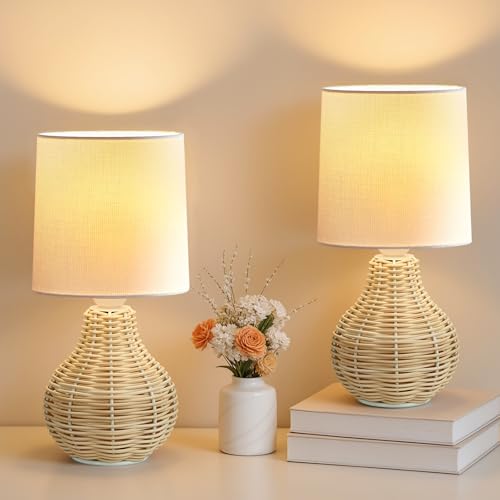 EJIAXIN Rattan Table Lamp Boho Lamps Set of 2-12.5" Mini Farmhouse Wicker Light Rustic End Table Decorative Small Lamps for Small Spaces Bedroom Nightstand Living Room Reading Desk Side Table Lamp - style: Country
