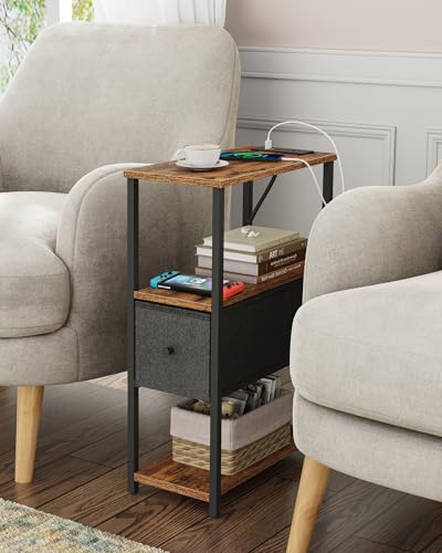 TUTOTAK Small Narrow End Table with Charging Station, Set of 2 | Side Table with Outlets, Nightstand with Cloth Drawer, Couch Table for Living Room, Bedroom, Brown and Black TB01BB058K - color: Brown and Black, style: 1 Drawer & Plug