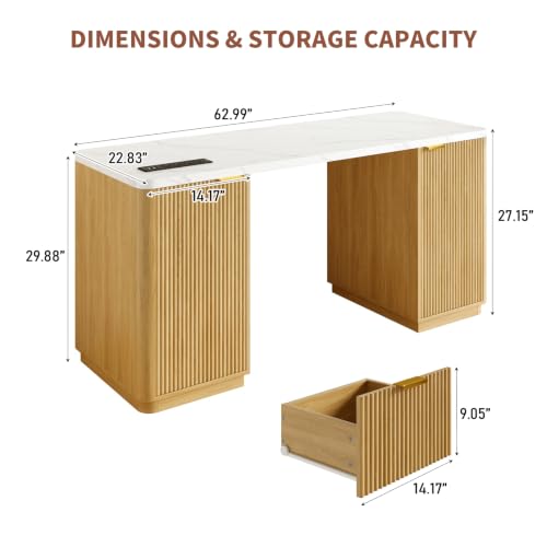 63" Fluted Computer Desk with Charging Station and Storage for Bedroom, Home Office | Home Office Desk with 6 Drawers and Power Outlet, Executive Study Writing Desk with Cabinet, Natural
