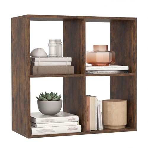 GIANTEX 4-Cube Bookcase, Cubby Bookshelf w/Back Guardrail & Anti-Tipping Kits, 6-Tier Freestanding Storage Organizer with Shelves, Open Back Display Rack for Living Room, Bedroom, Study - color: Rustic Brown, size: 4-Cube