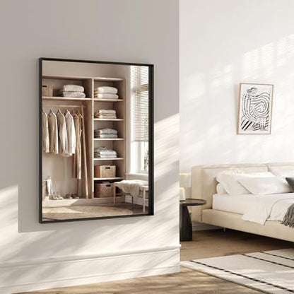 48x30 Black Bathroom Mirrors for Over Sink, Wall Mounted Bathroom Vanity Mirror, HD Distortion-Free Tempered Glass, Anti-Rust Brushed Matte Aluminum Alloy Frame, Horizontal or Vertical Hanging - size: 48"L x 30"W
