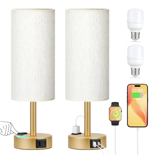 Touch Bedside Table Lamps Set of 2 - Bedroom Lamp with USB A+C, AC Outlet | 3-Way Dimmable, LED Bulb Included, Linen-Texture Fabric Lampshade, Matte Gold Metal Base, 14" Small Nightstand Lamp for Dorm - color: Gold Base Cream Shade, size: 14.0In