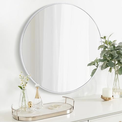 Round White Bathroom 30 Inch Mirror,Circle Wall Modern Mirror for Bedroom | Hanging Vanity Tempered Glass Mirrors for Entryway or Living Room - color: White a, size: 30"L x 30"W