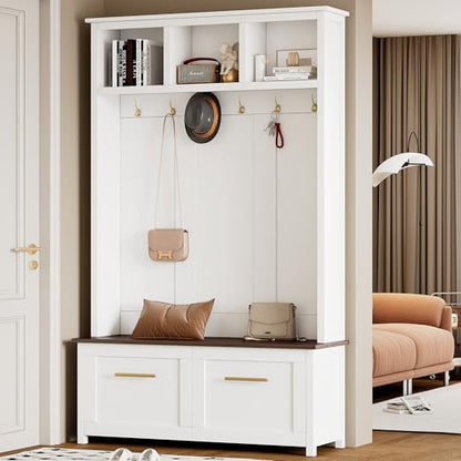 JIVOIT 4-in-1 Entryway Hall Tree with Brown Wood Grain Storage Bench, Wood Entryway Coat Hanger Hall Tree with 6 Golden Hooks, 2 Drawers, Coat Rack for Living Room, Hallway (White/31) - color: White/31