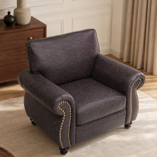 42”W Mid-Century Accent Chair, Single Sofa, Brown | Faux Leather Fabric Armchair for Living Room, Upholstered Sofa Chair for Bedroom, Nailhead Trim Design - color: Brown, size: S-1 seat