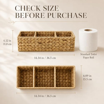 Operitacx Wicker Basket Organizer, 2-Pack with 3 Sections for Countertops | 2 woven-look baskets, three-section layout, for pantry packets, bathroom supplies, desk items and shelf organization needs