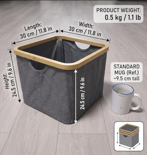 Bamboo Storage Basket, Collapsible Fabric Shelf Basket with Handles, Open-Top Closet Organizer Bin, Gray, 11.8 x 11.8 x 9.6 in