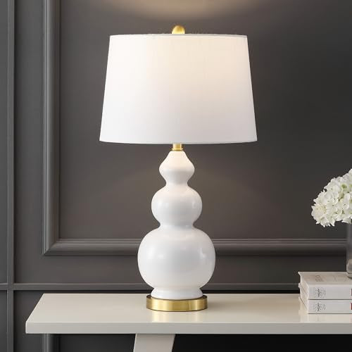 JONATHAN Y Bowen 27.5" Ceramic Triple Gourd Table Lamp, White/Brass Gold | Contemporary, White Linen Drum Shade, Modern Transitional Style, Metal Base, LED Bulb Included - color: White