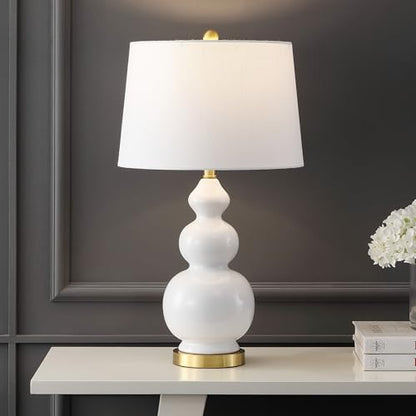 JONATHAN Y Bowen 27.5" Ceramic Triple Gourd Table Lamp, White/Brass Gold | Contemporary, White Linen Drum Shade, Modern Transitional Style, Metal Base, LED Bulb Included - color: White