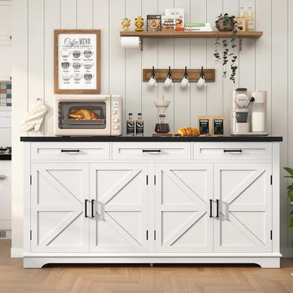 usikey Large Sideboard Buffet Cabinet with 4 Doors and 3 Drawers, Farmhouse Buffet Table, Dining Room Storage Cabinet for Kitchen or Living Room, White