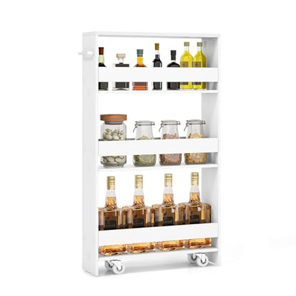 Slim Storage Cart, 4-Tier Rolling Cart with Handle & Wooden Top for Kitchen Bathroom Laundry Living Room Narrow Small Spaces, 5 Inches Width (Plain White) - color: Plain White