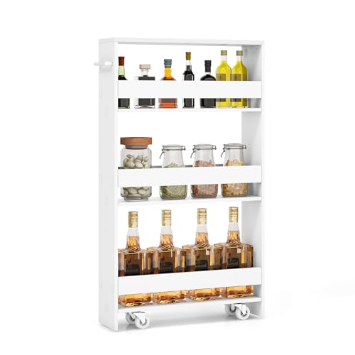 Slim Storage Cart, 4-Tier Rolling Cart with Handle & Wooden Top for Kitchen Bathroom Laundry Living Room Narrow Small Spaces, 5 Inches Width (Plain White) - color: Plain White