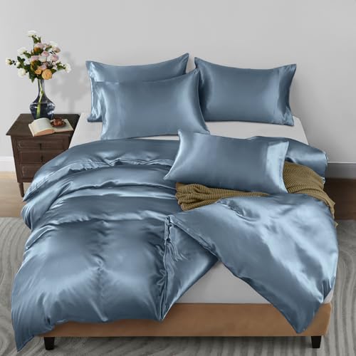 Horbaunal 5 Pieces Satin Duvet Cover Set Queen/Full Size, Dusty Blue, No Comforter - color: Dusty Blue, size: Queen/Full(No Comforter)