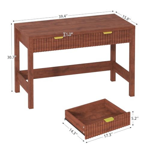39 Inch Small Fluted Computer Desk with 2 Drawers for Bedroom, Home Office | Small Computer Desk with Storage, Compact Writing Study Desk for Small Spaces - color: Red Walnut, size: 39-Inch Desk