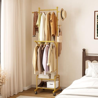 Rolling Clothes Rack with 2 Shelves, Small Gold Clothing Rack with Wheels | Gasvadivum 71" Tall Sturdy Metal Garment Rack with 3 Hanging Rods, Freestanding Portable Coat Rack for Bedroom, Entryway - color: Gold