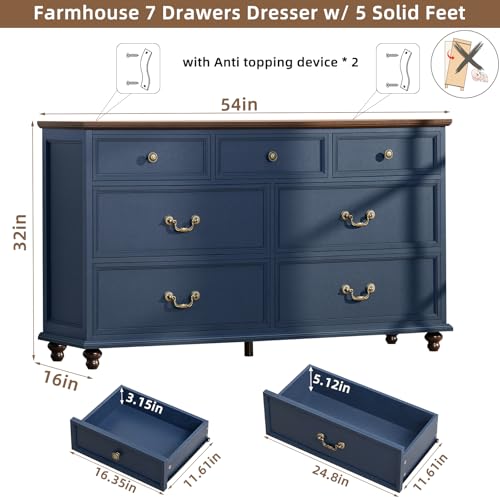 Joaxswe Farmhouse 54" 7 Drawers Dresser for Bedroom, Wide Chest of Drawers w/ 4 Wooden Legs, Vintage Rustic Large Closet Storage Dressers Organizer for Hallway, Wood TV Stand for Living Room, Blue - color: Navy Blue, size: 16"D x 54"W x 32"H (7 Drawers)