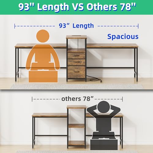 GYIIYUO 93'' Two Person Desk with Charging Station, Long Desk with 3 Drawer | Double Computer Desk with Printer Shelf, 2 Person Writing Study Table Workstation for Home Office, Rustic Brown - color: Rustic Brown